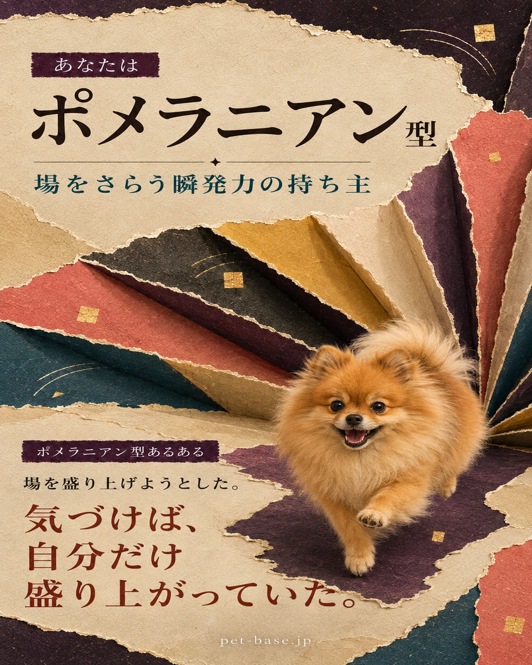 あなたはポメラニアン型。場をさらう瞬発力の持ち主。ポメラニアン型あるある。写真を撮られるとき、ちゃんとポーズを取っている